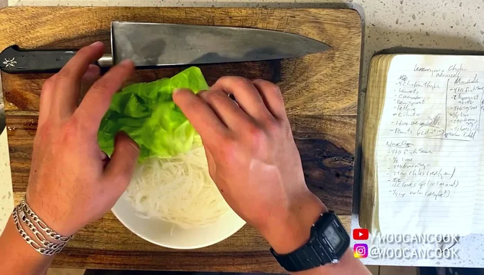 Assemble the bowl: Layer noodles, lettuce, carrots, cucumbers, bean sprouts, sliced chicken, and nuoc cham in a bowl.