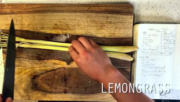 Assemble the lemongrass marinade: In a food processor, combine crushed garlic, sliced lemongrass, lime juice, fish sauce, soy sauce, and brown sugar. Pulse until a paste forms.