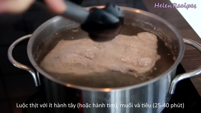 Boil pork belly for 20-30 minutes until cooked. Add peeled onion, salt, and pepper to the boiling water.