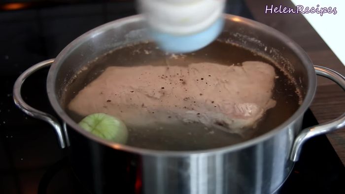Remove pork, rinse under cold water, and let it cool. (Alternatively, use chicken breast or turkey)