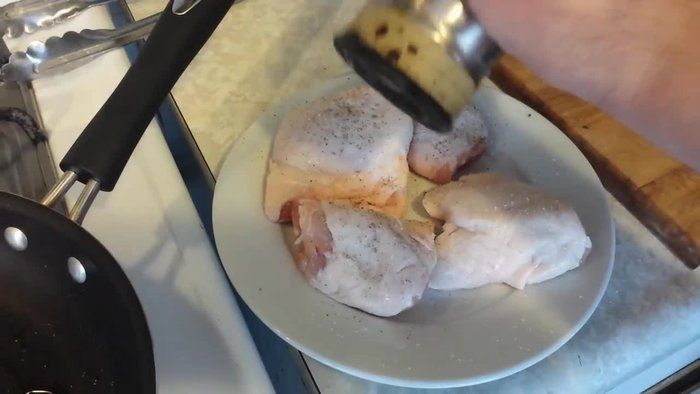 Season chicken thighs with salt and pepper. Sear in a hot pan with high smoke point oil until nicely browned on both sides. Set aside.