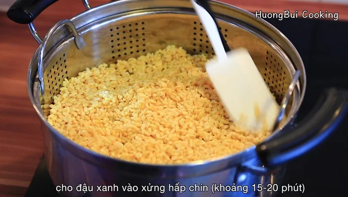 Steam the mung beans over high heat for 15-20 minutes, until cooked but still holding their shape (you should be able to easily smash one between your fingers).