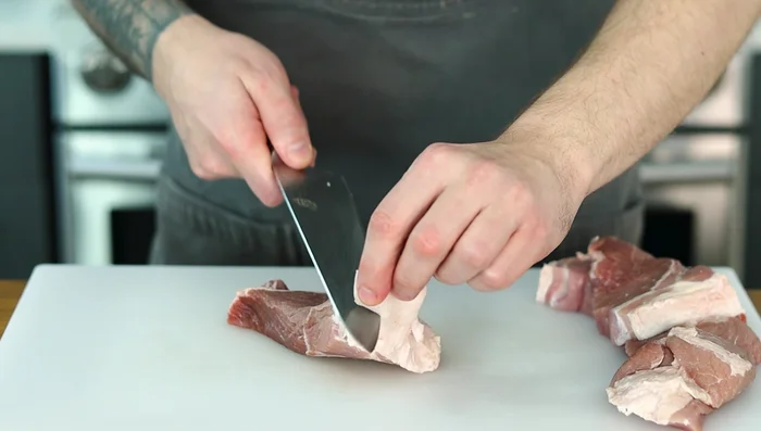 Cut pork into roughly 2cm thick pieces. Trim excess fat, remove connective tissue. Season generously with salt and pepper. Refrigerate.