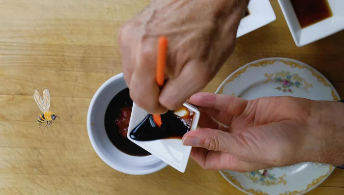 Make the shasu sauce by combining ketchup, hoisin sauce, sweet soy sauce, garlic, Chinese five spice, and sesame oil.