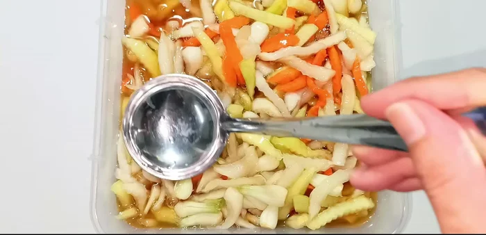 Pack the vegetables into a container, pour the cooled syrup over, ensuring the vegetables are submerged. Press down to remove air bubbles.