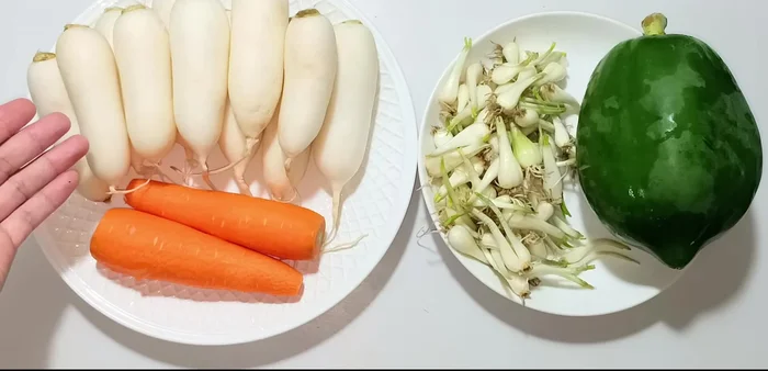 Wash and slice the radish, carrots, and papaya into similar thicknesses (about 1cm). Use a pattern maker for a nicer look if desired.
