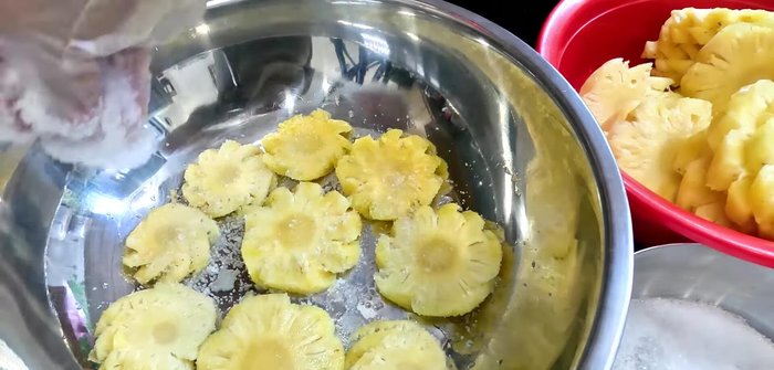 Marinate pineapple slices in the chili-sugar-salt-MSG mixture for 2-3 hours (or overnight).