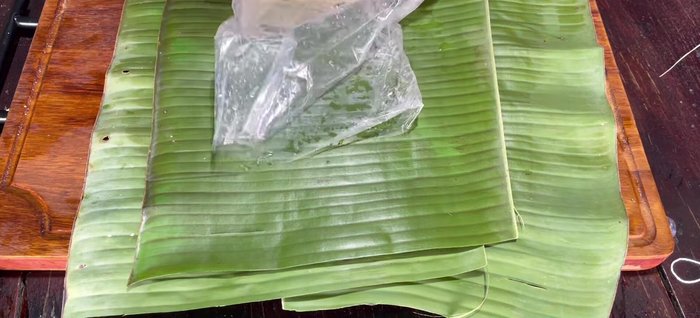 Wrap and steam: Remove from freezer. Divide mixture into portions. Wrap each portion tightly in banana leaves (or aluminum foil) and tie securely with string or rubber bands.