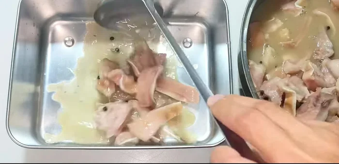 Pour the meat and liquid mixture into a stainless steel mold. If using plastic, ensure the liquid is completely cooled.