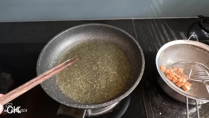 If using bread, tear it into small pieces and fry until golden and crispy.