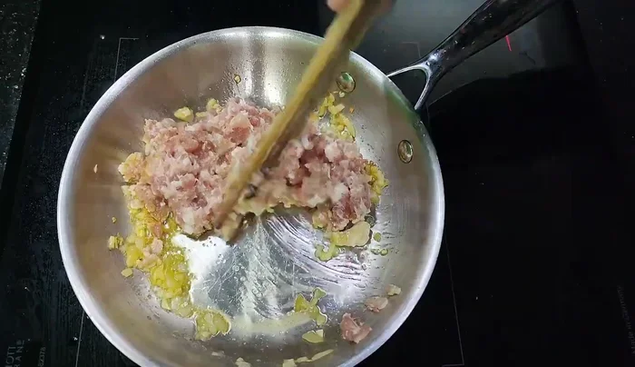 Add minced meat, chopped tomatoes, and tomato sauce. Season with salt (19.359).