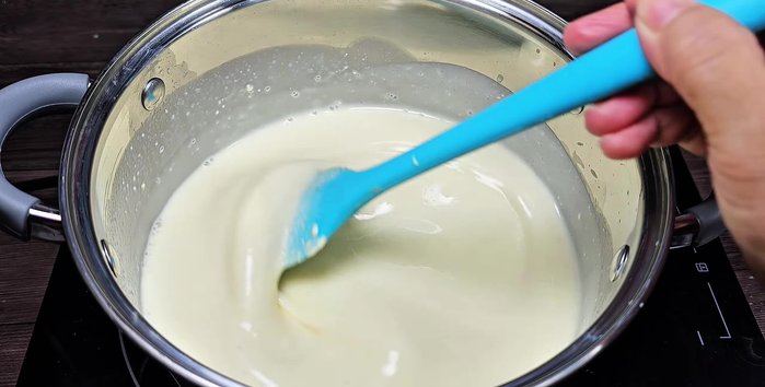 Cook the cream: Stir constantly to prevent sticking. Once boiling, reduce heat and cook for 5 more minutes.