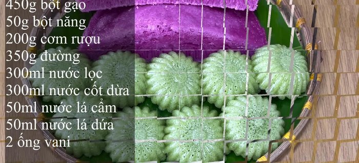 Prepare the ingredients: Measure out rice flour, tapioca starch, rice wine, water, sugar, coconut milk, purple leaves, and pandan leaves.
