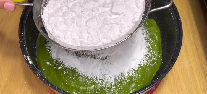 Gradually add tapioca starch, sifting it in to prevent lumps. Mix thoroughly until smooth and no white powder remains.