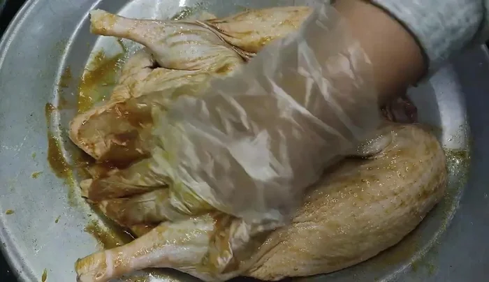 Puree the lemongrass, ginger, shallots, and garlic mixture and marinate the duck evenly.