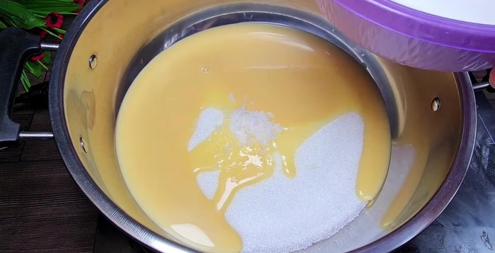 Prepare the coconut milk mixture: Combine sugar, condensed milk, salt, and coconut milk. Stir until sugar dissolves. Heat gently until warm, not boiling. (92.64)