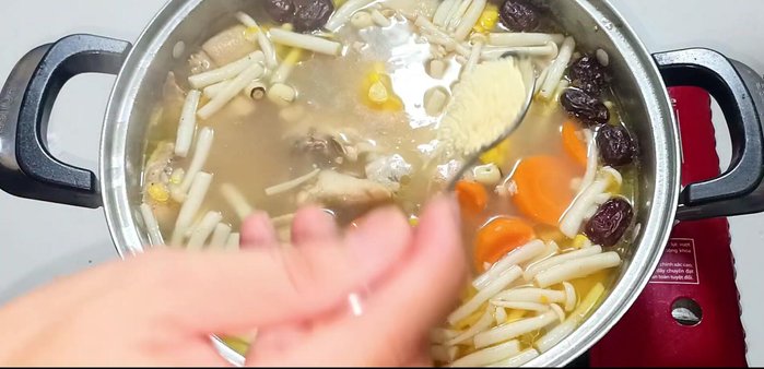 Season the soup with pork seasoning powder, sugar, salt, and MSG to taste. Adjust seasoning as needed.