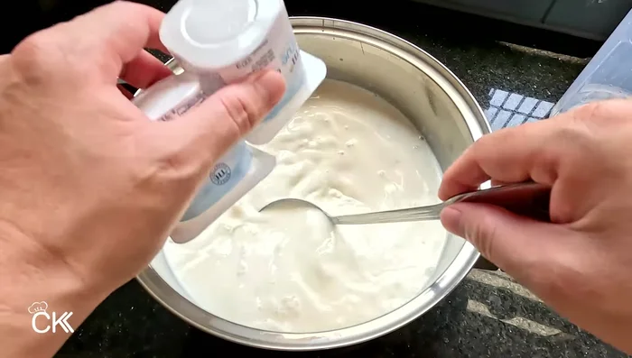 Add the yogurt starter to the cooled milk mixture and stir well.