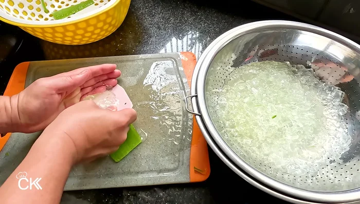 Wash the aloe vera cubes thoroughly (10-15 times) to remove bitterness and slime.