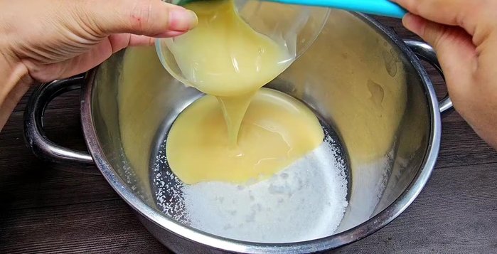 Make the coconut milk mixture: In a pot, combine sugar, salt, milk, coconut milk, and 300ml of filtered water. Stir until dissolved and bring to a simmer.