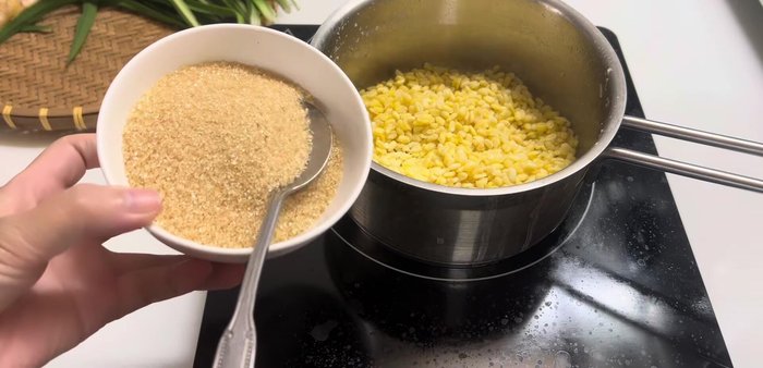 Make the green bean filling: Add sugar and coconut milk to the cooked beans. Blend until smooth.