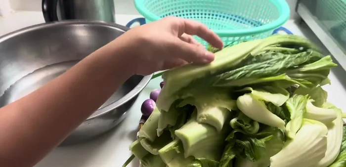 Wash and blanch the cabbage in 80-degree water. You can dry it if you have time, but it's not necessary.