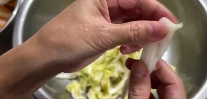 Rinse the cabbage and squeeze out all the water. Repeat until the cabbage is clean and flexible.