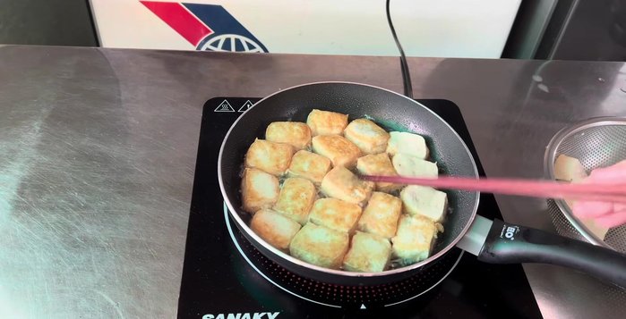 Slice the tofu. Fry until crispy if desired.