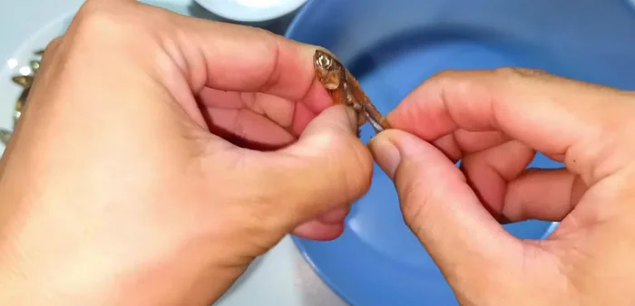 Remove the belly and head of the anchovies. The belly is very black and dirty, and the head will be bitter.