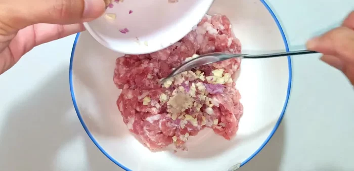 Marinate the meat: Mix minced pork with half of the chopped shallots, seasoning powder, sugar, MSG, oyster sauce, and ground pepper. Let it marinate for 5 minutes.