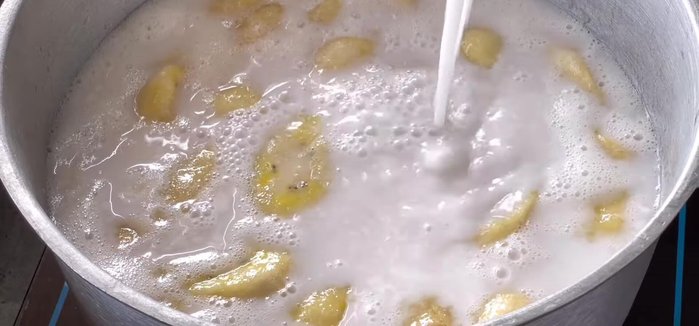 Add 1 liter of coconut water (or filtered water if using canned coconut milk). Bring to a slight boil. Add the sweet potatoes and cook for 5-6 minutes until tender.