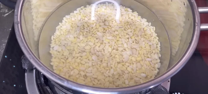 Cook the green beans. Wash and soak the beans for 1-2 hours. Rinse again and cook with the same amount of water, enough to cover them by a finger. Boil over medium or high heat, skim off the foam, then reduce heat to low, cover, and cook for 15-20 minutes until soft.