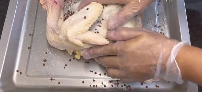 Marinate the chicken: Once the salt mixture is cool, rub it all over the chicken, including inside the cavity. Any leftover mixture can be put inside the chicken.