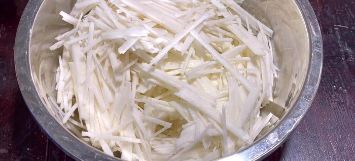 Place the cassava strands in a basin, add salt, and let it sit for 10-15 minutes to release water. Squeeze out excess water using a filter bag or cloth.