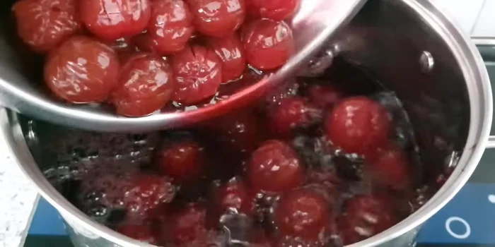 Transfer the marinated plums into a pot (203.04).