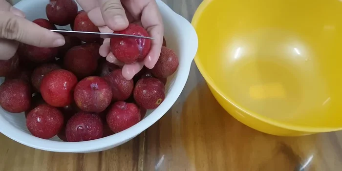 Cut the plums into halves or smaller pieces (31.04).