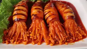 Spicy Stuffed Squid with Enoki Mushrooms: A Korean Delight