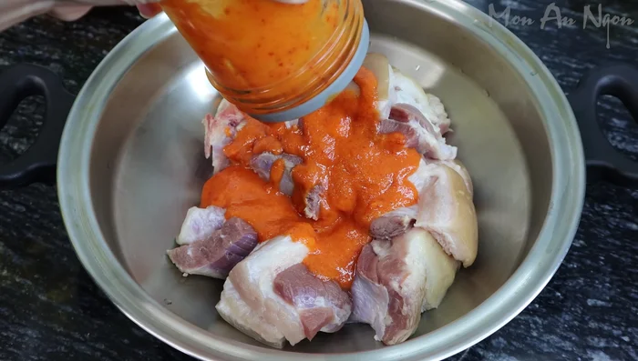 Marinate the pork belly with the blended mixture, seasoning powder, salt, and fish sauce for at least 30 minutes.