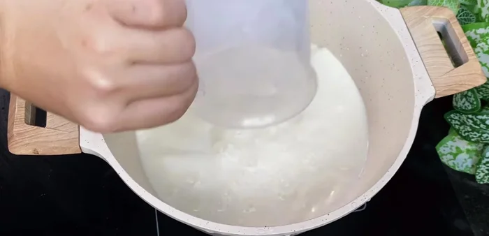 Heat the milk mixture: Combine 800ml of fresh milk, 200ml whipping cream, and 380g of condensed milk in a saucepan. Heat gently until the condensed milk dissolves (do not boil).