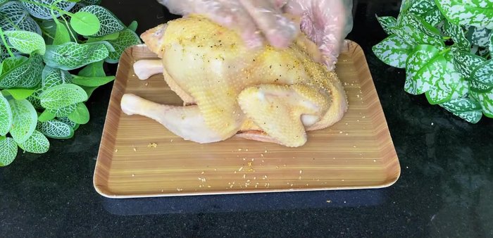 Marinate the chicken inside and out for 15 minutes.