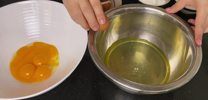 Separate egg yolks and egg whites. Carefully separate the yolks, ensuring no yolk gets into the egg whites. (If it does, start over).