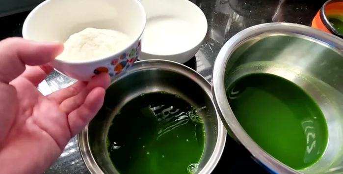 Prepare the jelly mixtures: Combine pandan essence, coconut milk, powdered milk, and fresh milk for one jelly, and separately combine the remaining milk mixture for another jelly. Divide the essence for different colored jellies