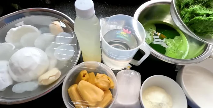 Prepare the pandan leaf essence: Blend pandan leaves with water, strain, and let it rest for 30 minutes to an hour to settle.