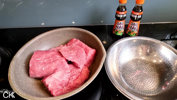 Once cooked, slice the beef thinly and use a beef spreader to press it thin.
