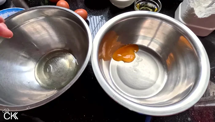 Separate egg whites and yolks carefully, ensuring no yolk gets into the whites. [80.04]