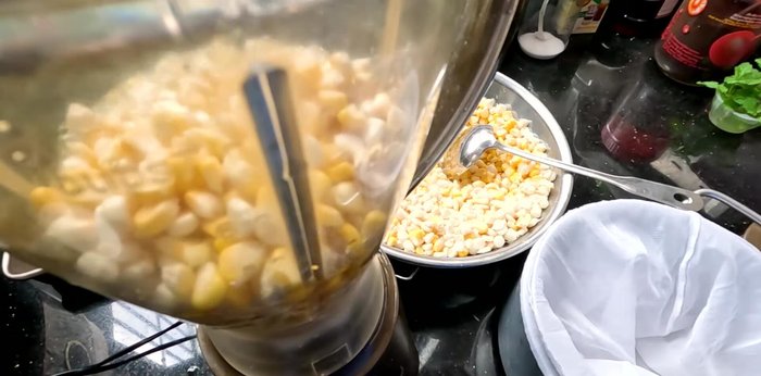 Blend the corn: Blend the corn kernels until smooth.