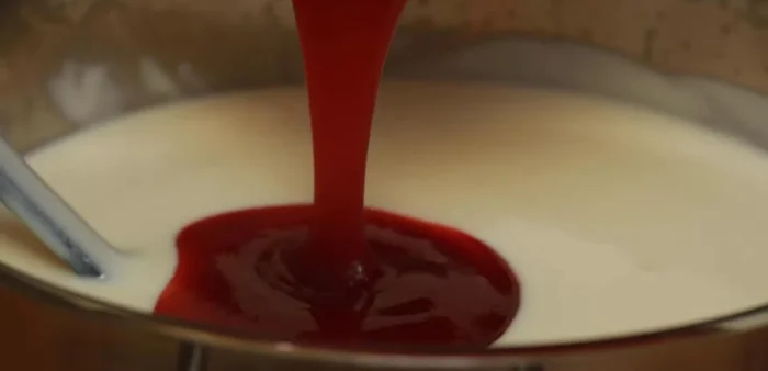Once the yogurt is ready, gently stir in the fruit purees.