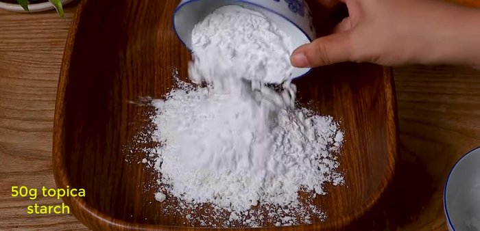 Prepare the batter: In a bowl, mix together flour, tapioca starch, sugar, baking powder (if using), and water until dissolved.