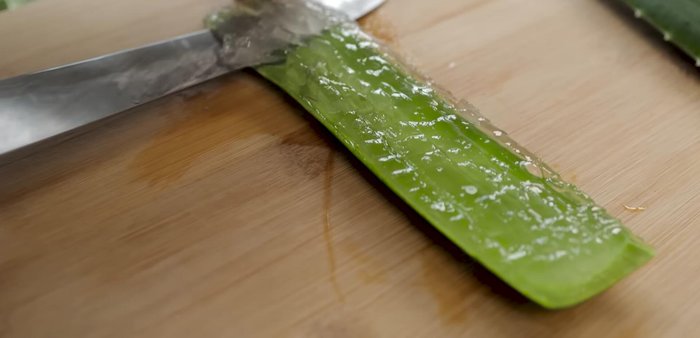 Place the cut aloe vera on a cutting board over a basin and slice thinly. Avoid making the pieces too big or too small. [103.88]