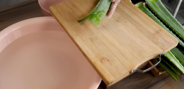 Cut the aloe vera into pieces, peel both sides, and then peel the skin underneath. Cut the aloe vera into small pieces, about the size of a chopstick. [69.88]